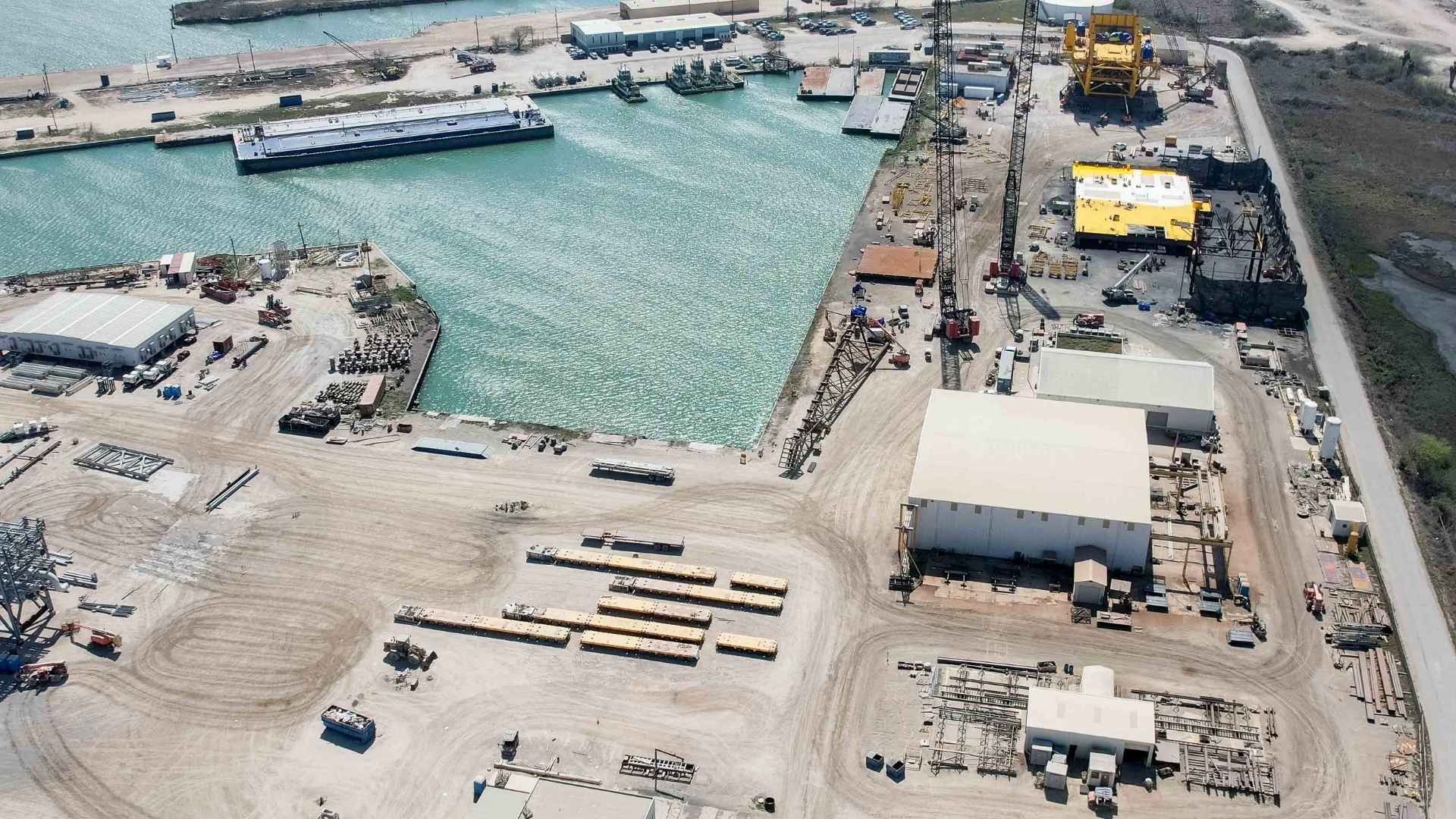 Aerial view of the State Service 70-acre waterfront fabrication yard in Ingleside, Texas